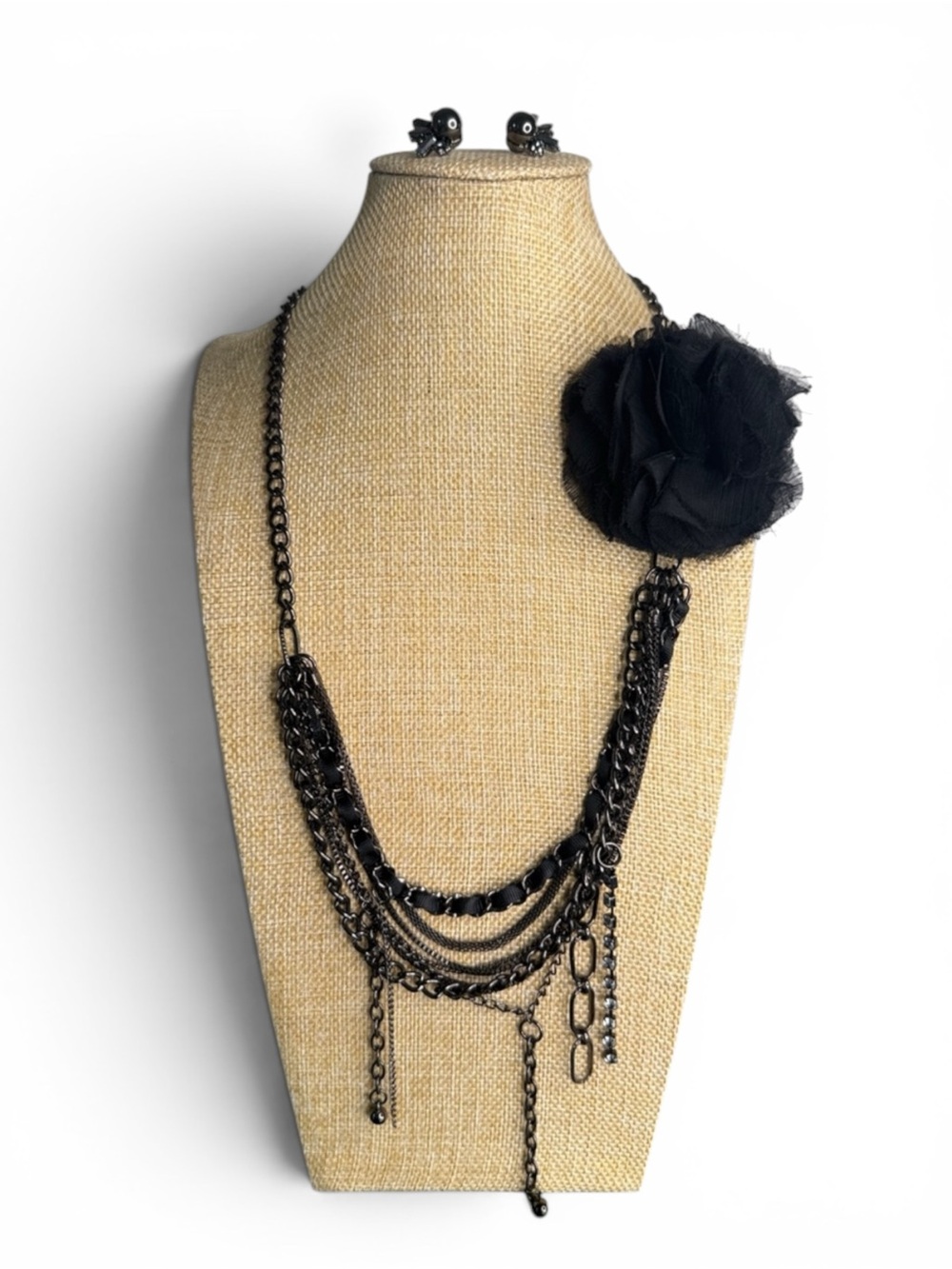 Vtg Y2K Gothic Romantic Black Multi‑Chain Necklace & Coordinating Earrings Set - Picture 4 of 12